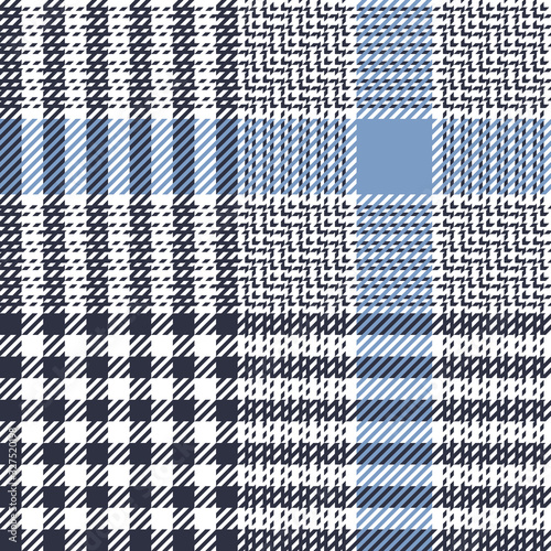 Plaid pattern background. Seamless tartan check in blue and white for blanket, throw, upholstery, duvet cover, or other modern autumn or winter fabric. Glen tweed hounds tooth check texture.
