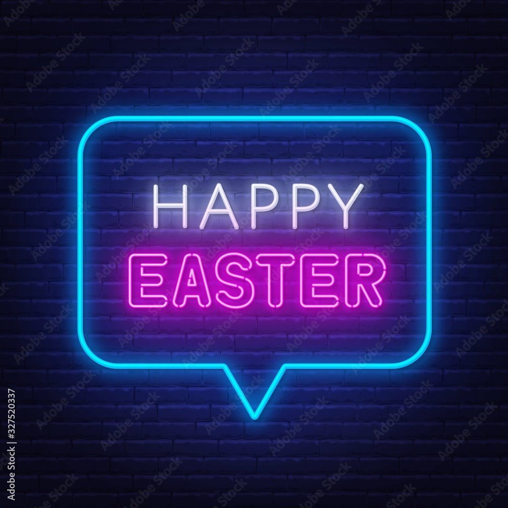 Happy Easter neon lettering. Glowing greeting card on brick wall background Happy Easter neon lettering. Glowing greeting card on brick wall background