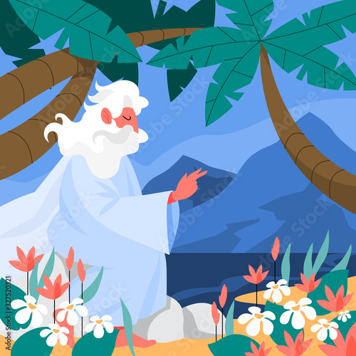 Bible narratives about Six days of Creation. Christian bible character.