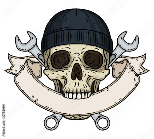 Skull with tools. Skull with crossed wrenches, bone and ribbon for your text. Vector skull with spanner.