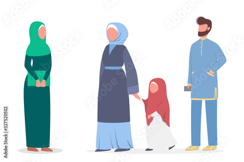Muslim family with child. Arabian woman and man in traditional clothes.