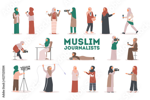 Muslim TV journalist or news reporter set. Character with camera