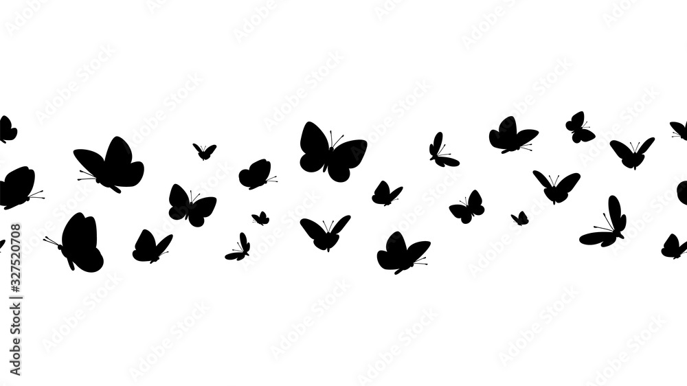 Plakat Flying butterflies silhouettes. Butterfly seamless border. Black forest and garden insects vector pattern