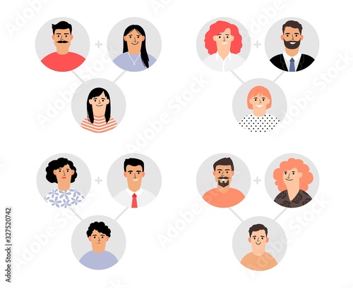 Genetic modeling of family. Genetics, similarity of parents and children. Family avatars vector set