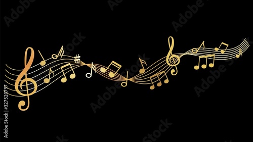 Musical wave. Gold music notes background. Sound vector illustration