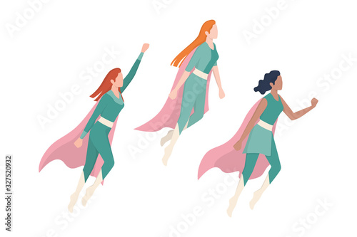 Fotografie, Obraz Female superhero characters. Three young powerful and beautiful