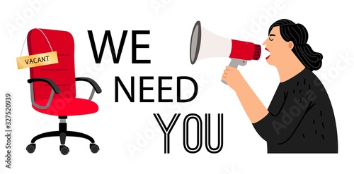 We need you. HR manager with megaphone, vacant red chair. Recruitment agency vector concept