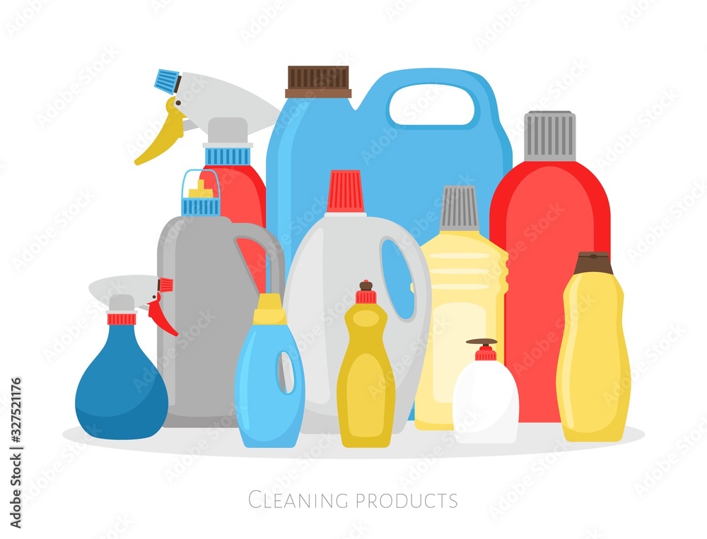 Cleaning products bottles. Isolated plastic packing set, detergent cleaner housekeeping objects vector illustration on white background Cleaning products bottles. Isolated plastic packing set, detergent cleaner housekeeping objects vector illustration on white background