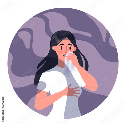 Woman with smoke allergy. Runny nose and watery eyes. Allergic