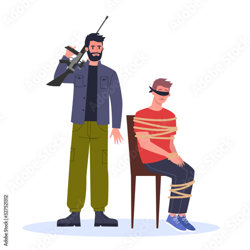 Terrorist and hostage. Man in mask holding gun and attack