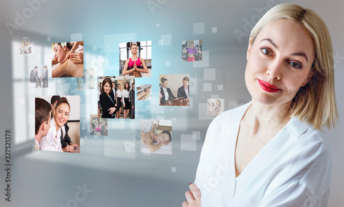 Business woman near images with her different hobbies.