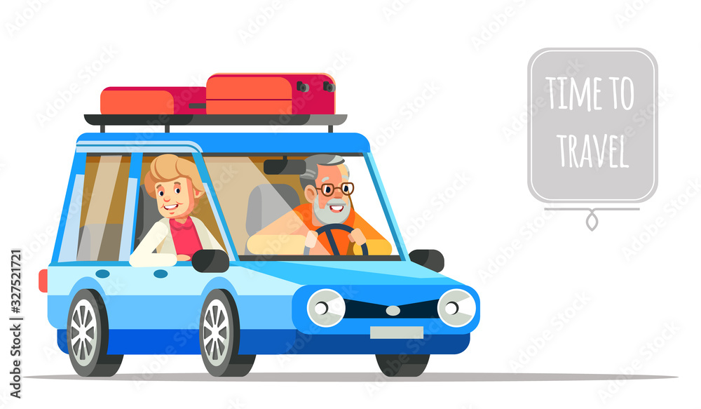 Elderly couple traveling together in a car. Older people life style vector flat illustration and life adventure and pleasure enjoyment. Grandpa and Granny couple traveling by car Elderly couple traveling together in a car. Older people life style vector flat illustration and life adventure and pleasure enjoyment. Grandpa and Granny couple traveling by car