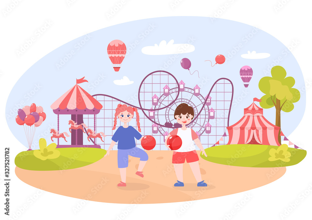 Happy toddler in amusement park. Baby boy with balloons and girl in