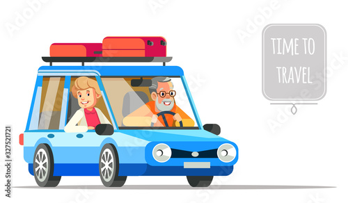 Elderly couple traveling together in a car. Older people life style vector flat illustration and life adventure and pleasure enjoyment. Grandpa and Granny couple traveling by car