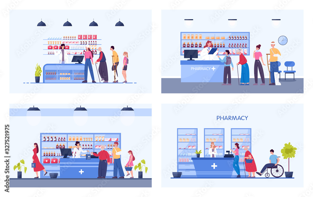 Modern pharmacy interior with visitors. Client order and buy medicaments