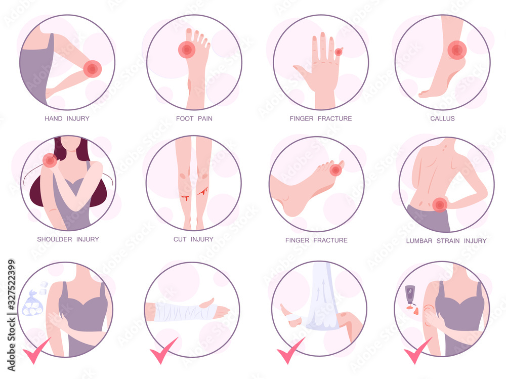 Set of vector illustration of body injury. Collection with different Set of vector illustration of body injury. Collection with different