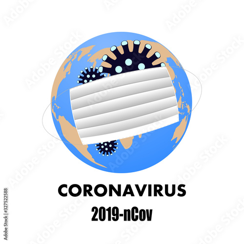 Illustration of a crown virus and mask on a white background globe background. Outbreaks of the pandemic and coronirus virus. mask for fighting the corona virus.  photo