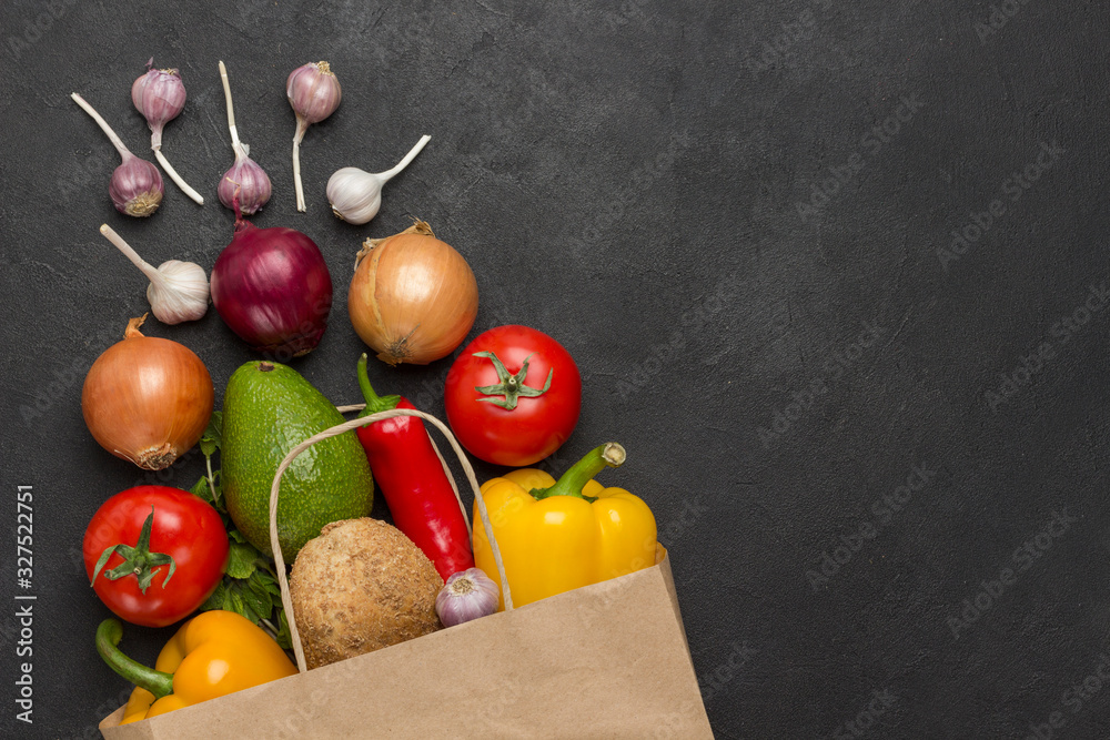 Set of balanced products for healthy diet. Paper bag with vegetables. Healthy lifestyle concept Set of balanced products for healthy diet. Paper bag with vegetables. Healthy lifestyle concept