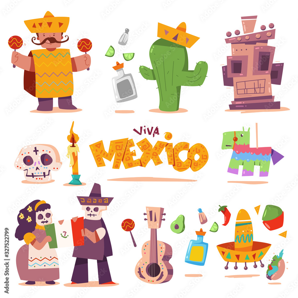 Mexico cute elements vector cartoon set isolated on a white background.