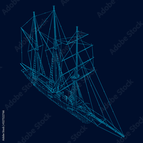 Wireframe of a sailing ship of blue lines with luminous lights on a dark background. View isometric. Vector illustration