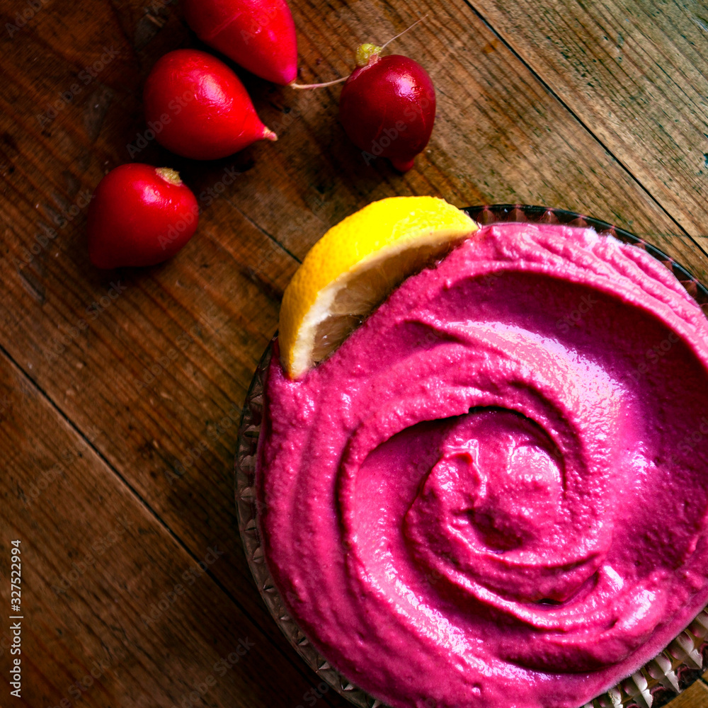 Beet hummus in bowl