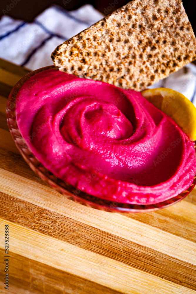 Beet hummus in bowl Beet hummus in bowl