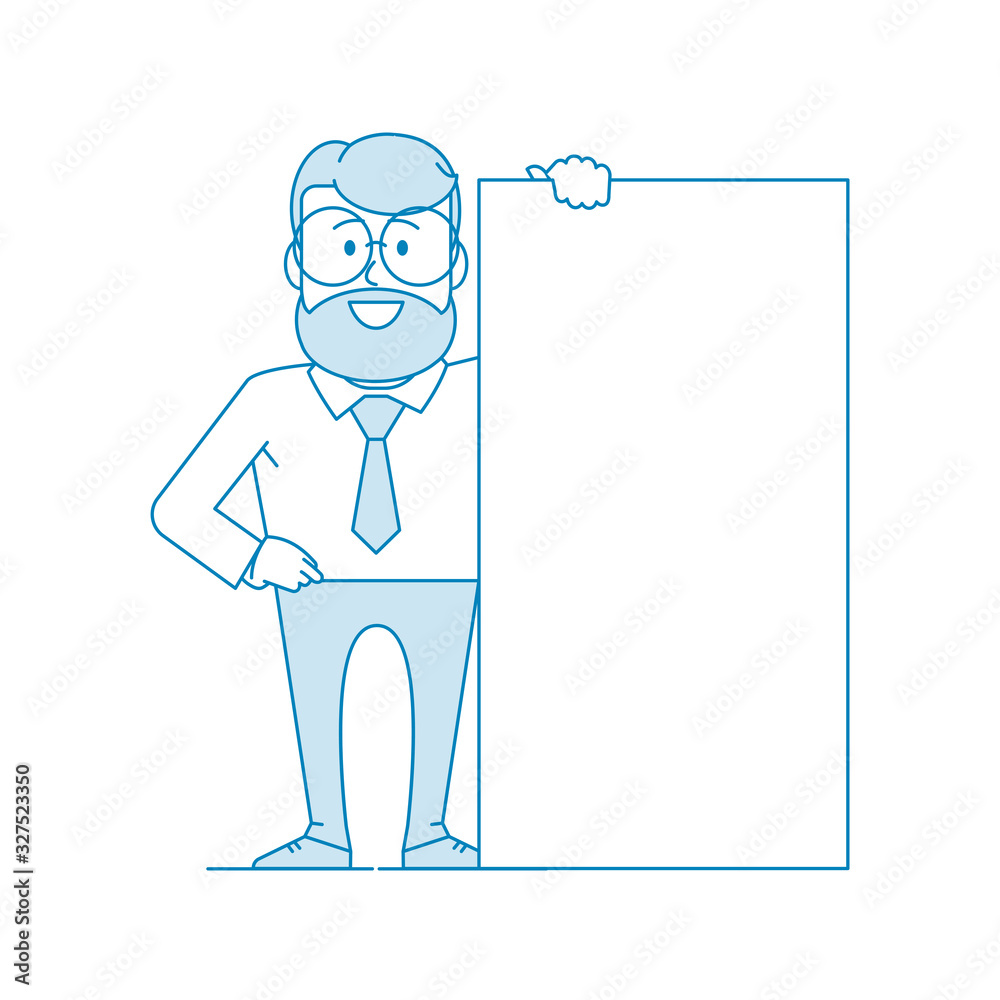 Character - a man in glasses holds a banner with his hand. Shows a poster, message. Place for text. Office worker in a shirt with a tie. Illustration in line art style. Vector Character - a man in glasses holds a banner with his hand. Shows a poster, message. Place for text. Office worker in a shirt with a tie. Illustration in line art style. Vector