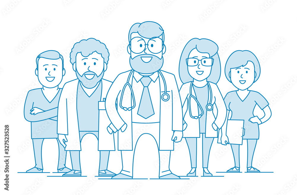 Group of doctors of our medical staff. Medical specialists. Medical worker at a clinic or hospital. Illustration in line art style. Vector Group of doctors of our medical staff. Medical specialists. Medical worker at a clinic or hospital. Illustration in line art style. Vector