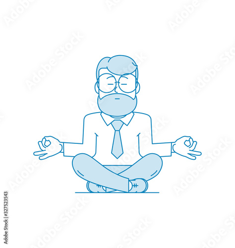 Man is meditating sitting on the floor with legs crossed. Character - a man with a beard and glasses. Calmness and relaxation, relaxation. Stress relief. Illustration in line art style. Vector