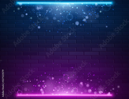 Retro Abstract Blue And Purple Neon Lights On Black Brick Wall