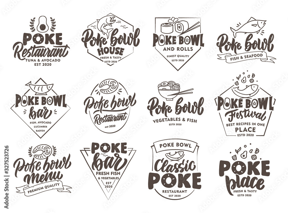 Set of vintage Poke emblems and stamps. Seafood badges, stickers on white background isolated