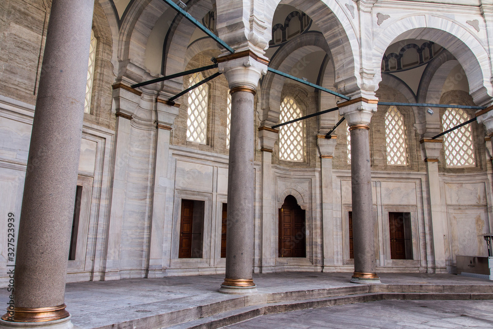 The courtyard of Istanbul's historic Ottoman Nuruosmaniye  Mosque in Istanbul. Turkey