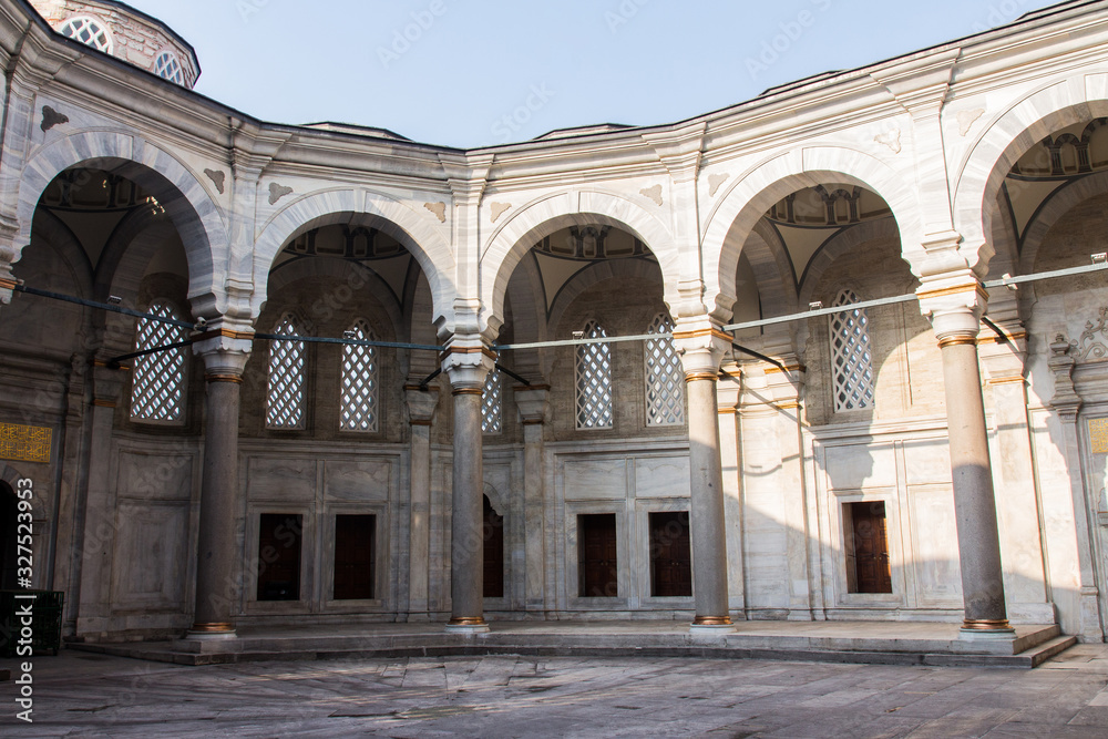 The courtyard of Istanbul's historic Ottoman Nuruosmaniye  Mosque in Istanbul. Turkey