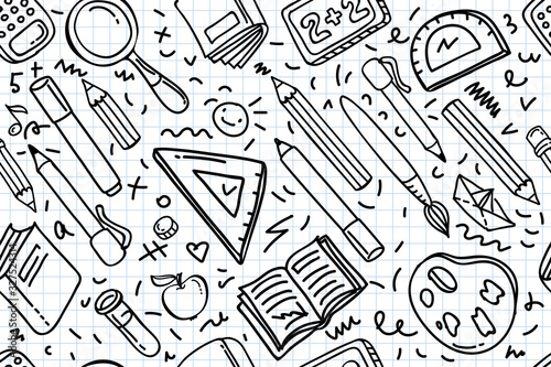Concept of education. School background with hand drawn school supplies and comic speech bubble