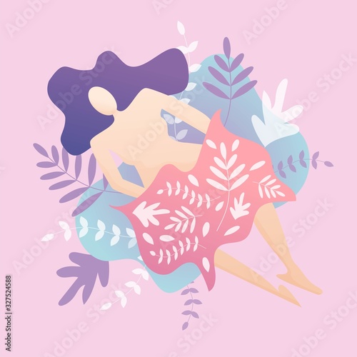 soft and beautiful illustration of a lying woman covered by a blanket with ornamental decorations in pink background.
