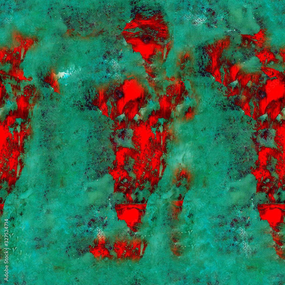 Fototapeta Abstract textural background with red, green and coral branchy paint lines with divorces, furrows, inflows, coasts.