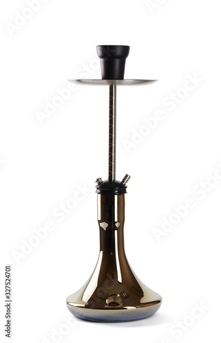 modern hookah with a metal top and a transparent flask with a mirror effect, isolated on a white background with a light shadow.