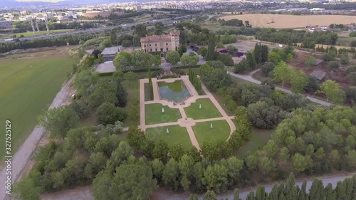 Aerial view around traditional catalan castle. Saint Marcial Castle (Castell Sant Marçal) is an ancient medieval construction in gothic style built outskirts of Barcelona, Catalonia, Spain photo