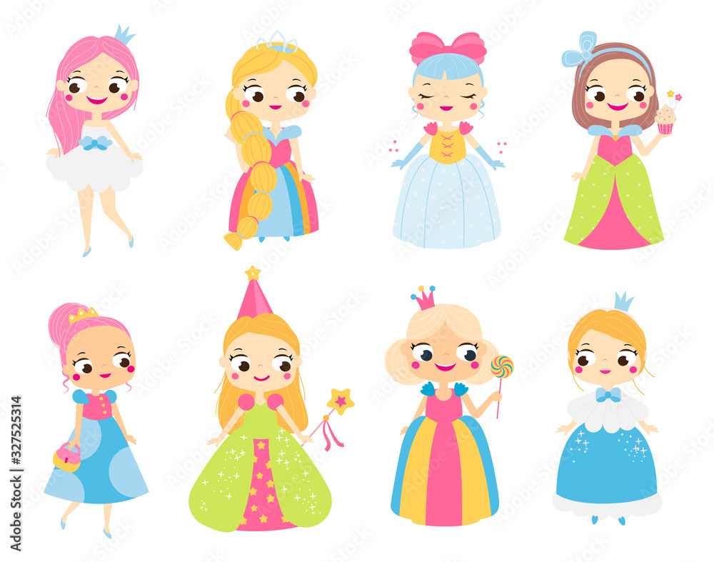Cute princess fairy tales characters. Cartoon girls in beautiful dress