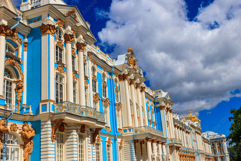 Catherine Palace is a Rococo palace located in the town of Tsarskoye Selo (Pushkin), 30 km south of Saint Petersburg, Russia. It was the summer residence of the Russian tsars