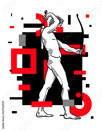 Adriaen de Vries Apollo with bow for shooting sculpture. Glitch red modern style. photo