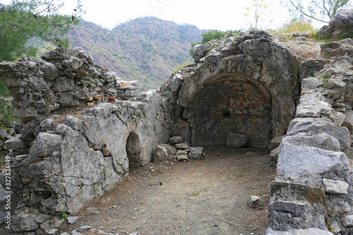 view on Chimera church ruin near Yanartash natural vents with perpetual flames in Turkey