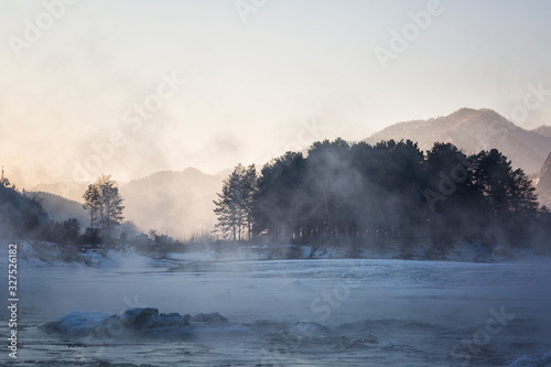 Morning fog over the water, Katun river, Altai, Russia