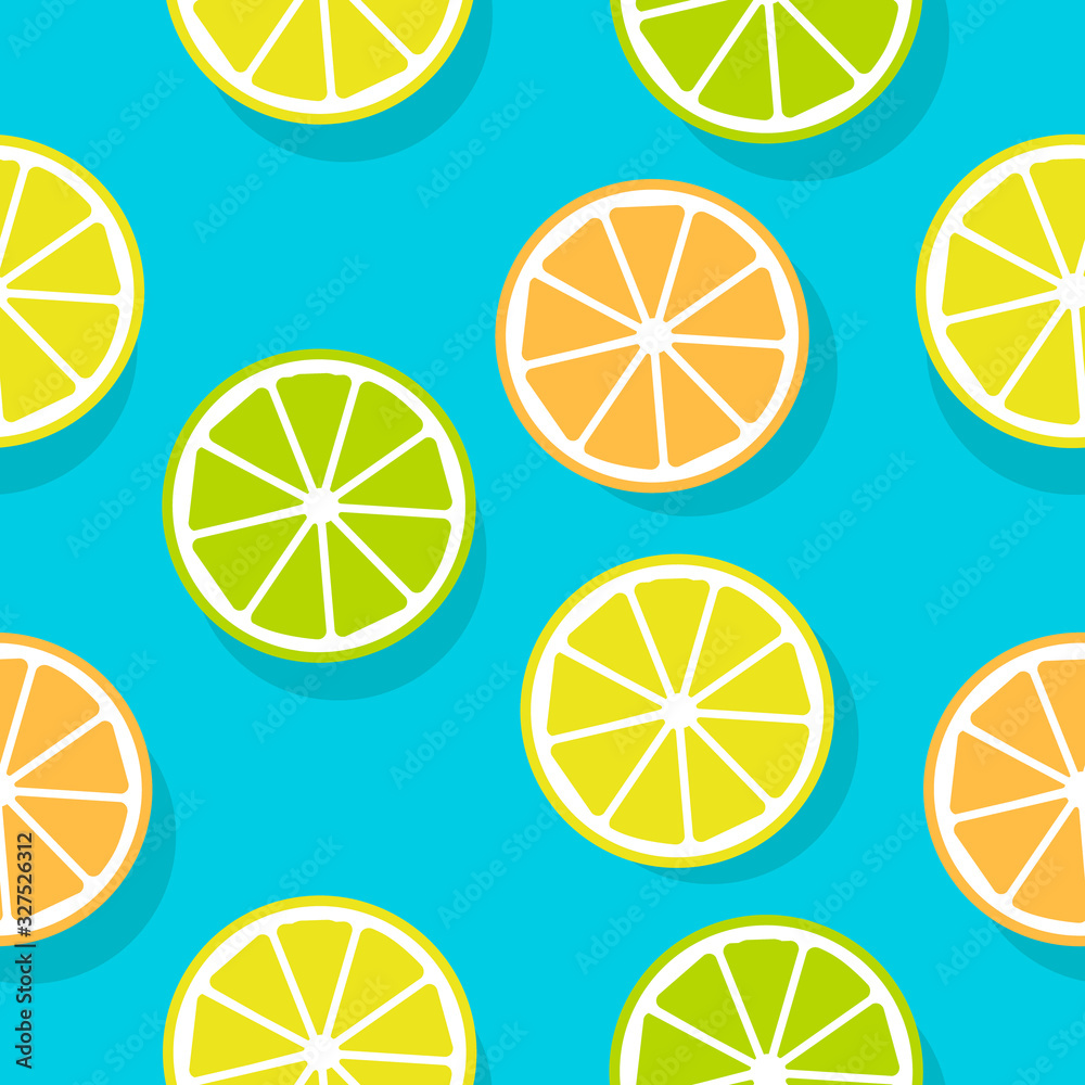 Summer seamless pattern with lemon, lime and orange slices with shadow, isolated on blue background. Vector illustration template for fabric, wallpaper, backgrounds, wrapping paper, package, covers