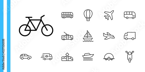Set of Public Transport Related Vector Line Icons. Contains such Icons as Bus, Bike, Scooter, Car, balloon, Truck, Tram, Trolley, Sailboat, powerboat, Airplane and more. Editable Stroke. 32x32 Pixel