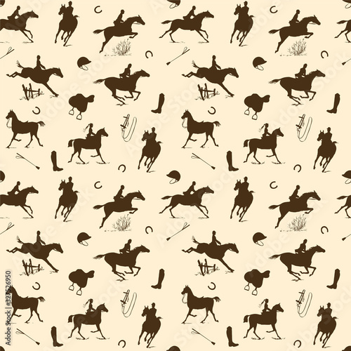Equestrian horse riding style silhouette seamless pattern. Brown beige english fox hunting style. Horseback man and woman galloping on field. Hand drawing vector saddle, bridle, belt silk scarf art