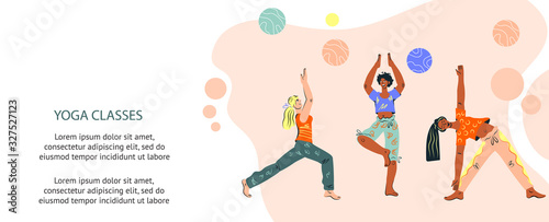 Womens yoga banner or flyer template with people cartoon character practising yoga asanas. Fitness classes and yoga studio, meditation courses invitation and advertisement. Flat vector illustration.