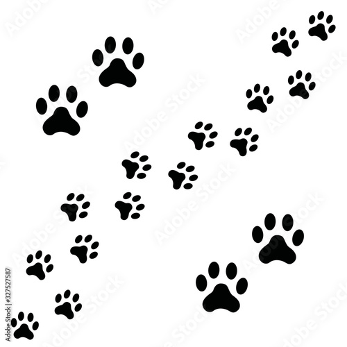 Black Footpath trail of dog prints walking randomly. Animal footprints  dog or cat paws print isolated on white background. Vector illustration of footprint silhouette.