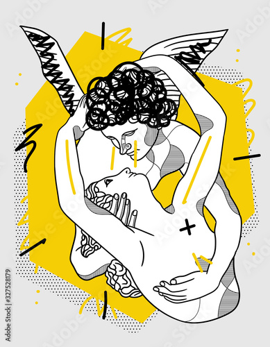 Cupids kiss sculpture. Creative geometric yellow style.