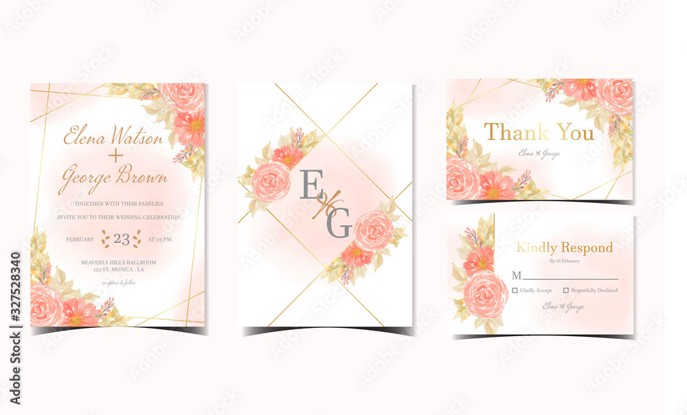 set of orange floral wedding invitation collection with roses and daisy flowers